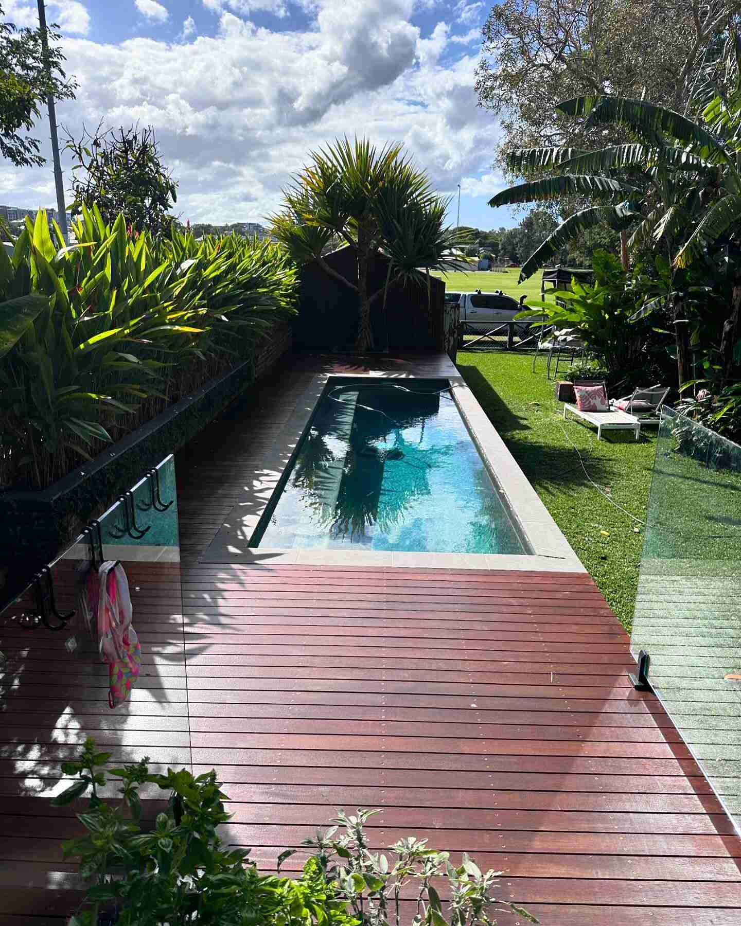 Oiled timber deck beside a narrow lap pool with glass fencing and garden