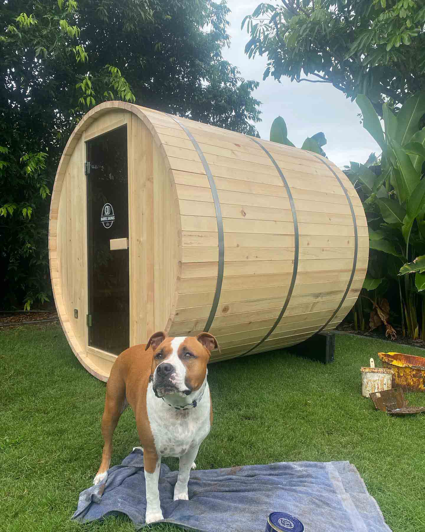 Timber barrel sauna on a lawn, with a dog standing in front
