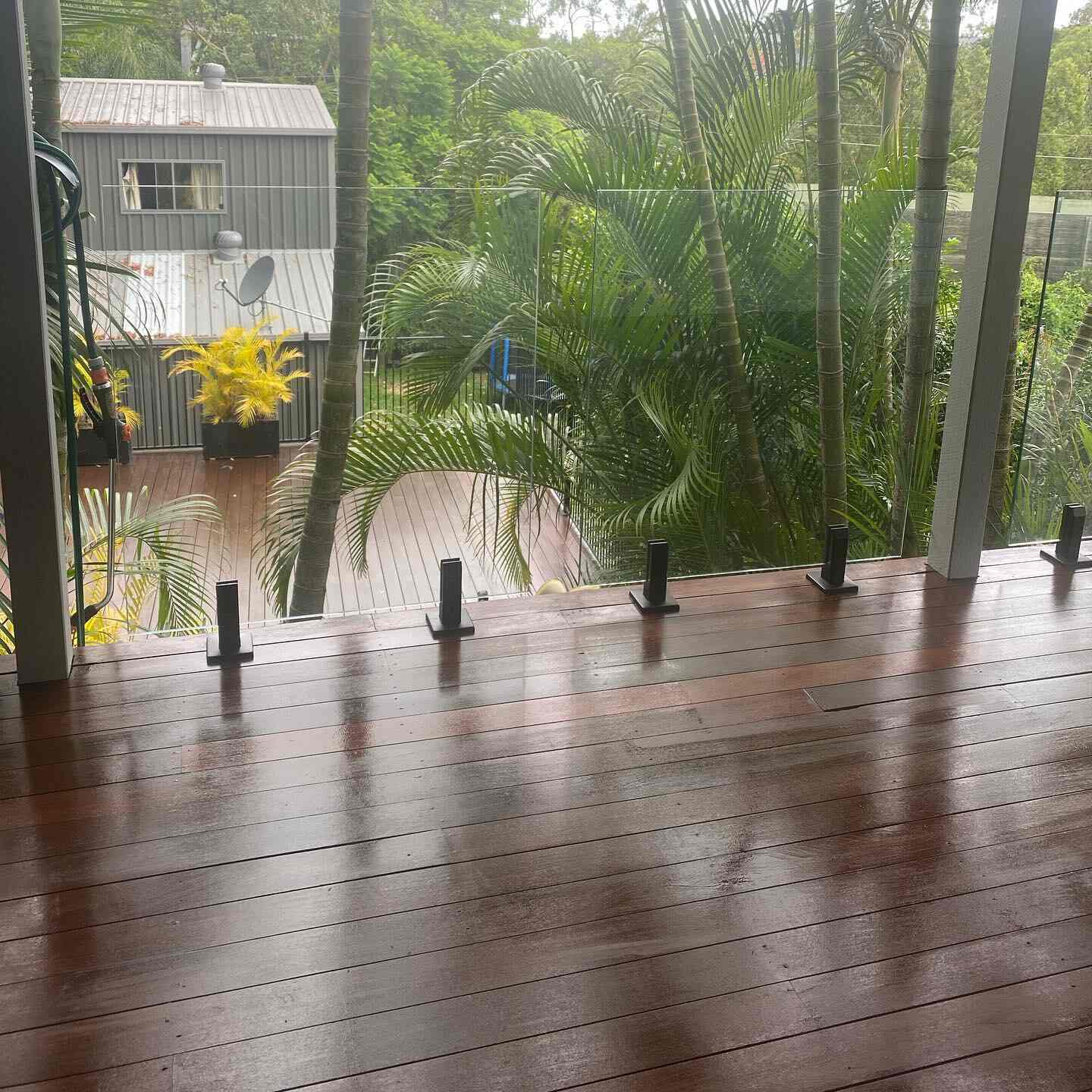 Wet oiled timber deck with glass balustrade spigots overlooking palms