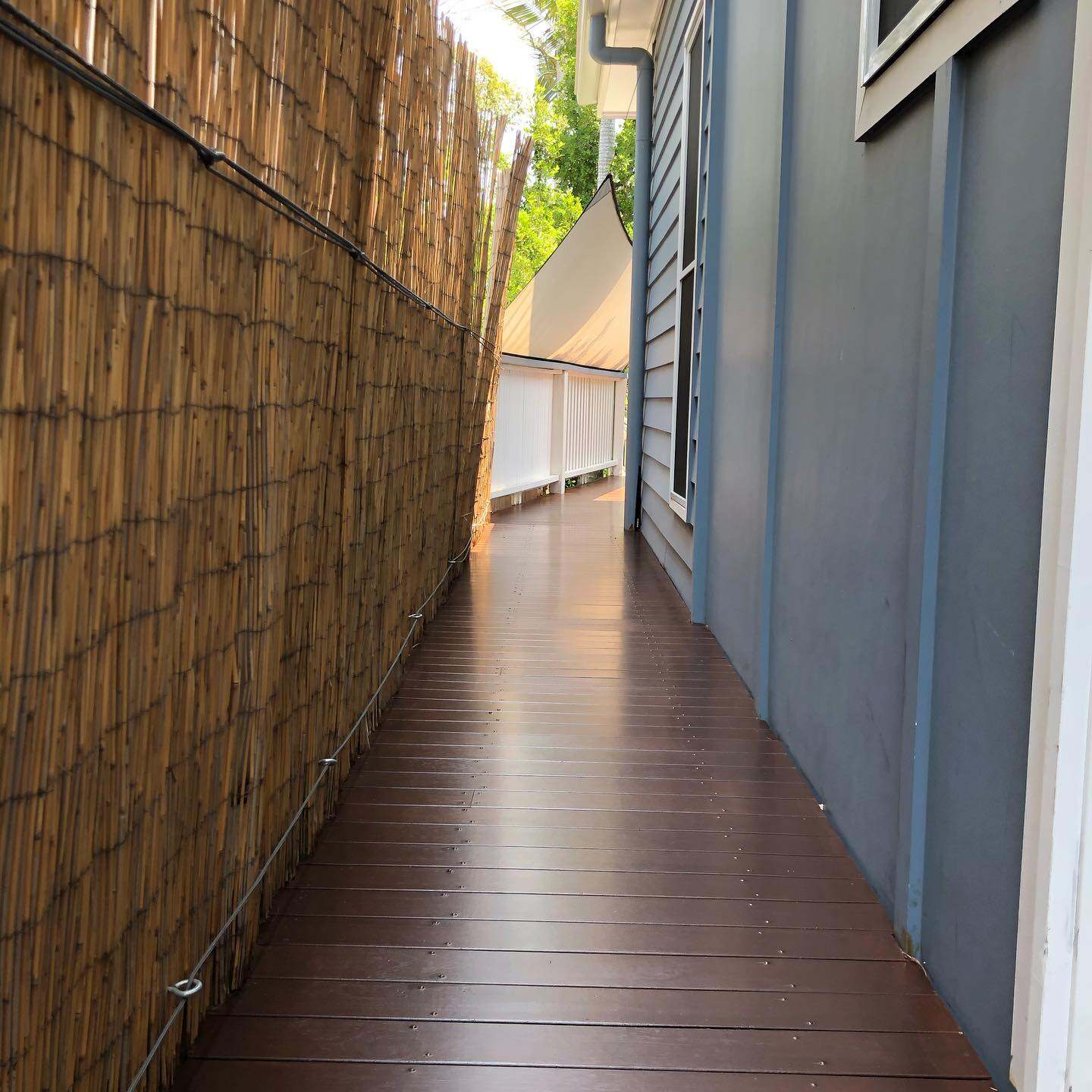 Narrow oiled timber side path between a bamboo screen and a blue house