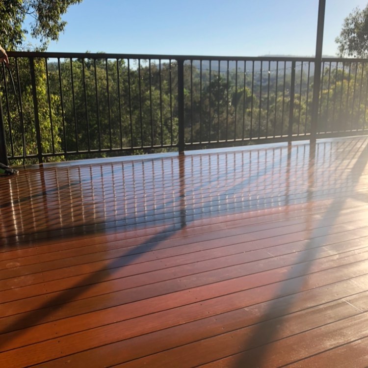 Glossy oiled timber deck with black balustrade overlooking bushland