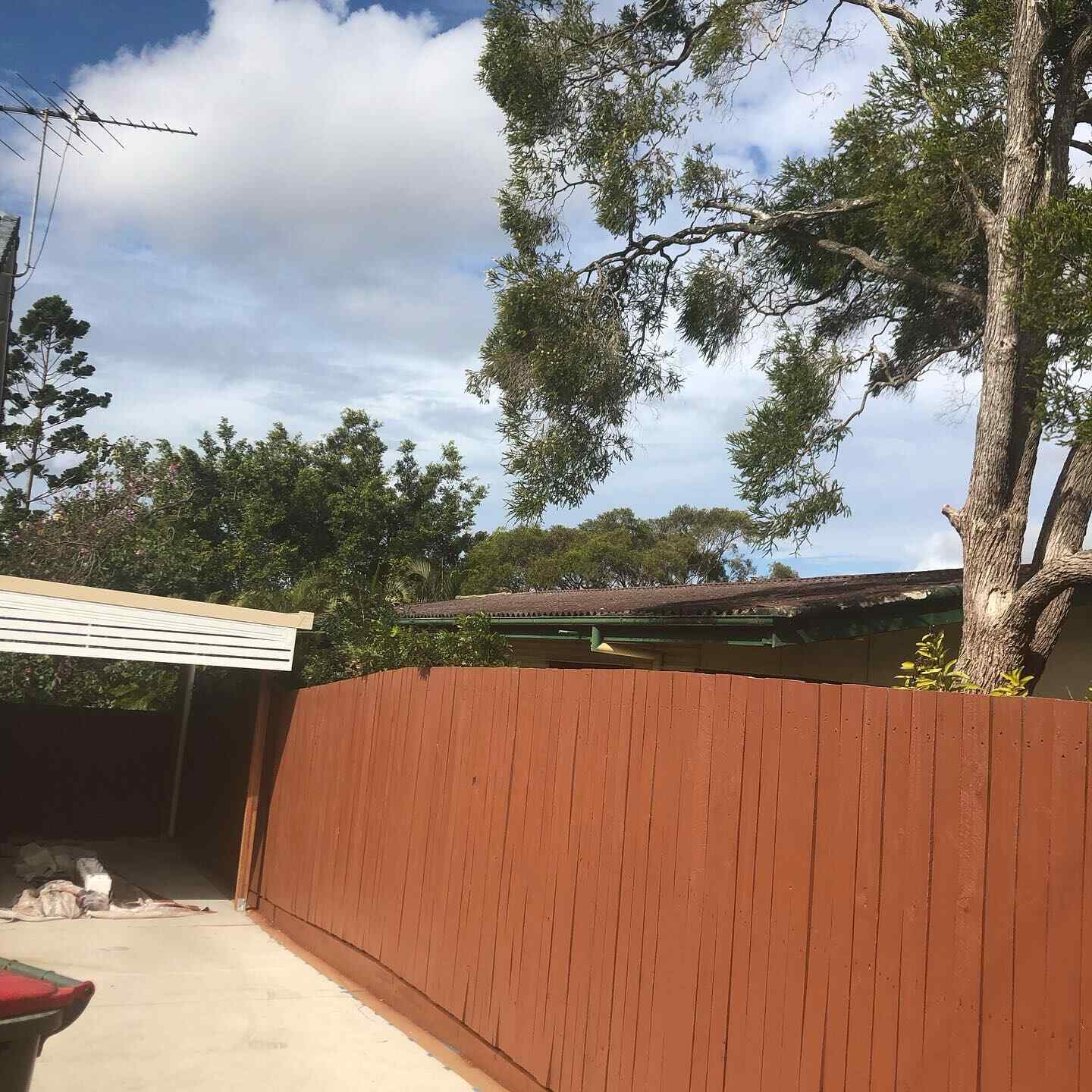 Oiled timber paling fence along a side yard