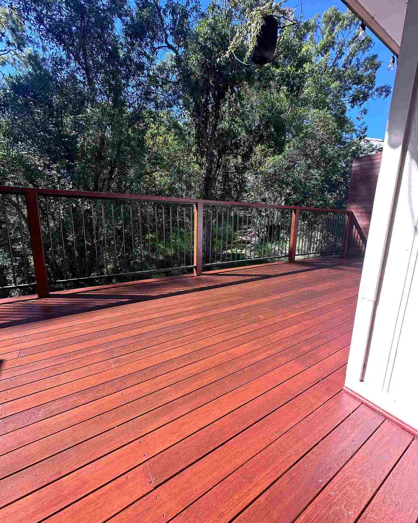 Red-toned oiled timber deck with timber and wire balustrade among trees