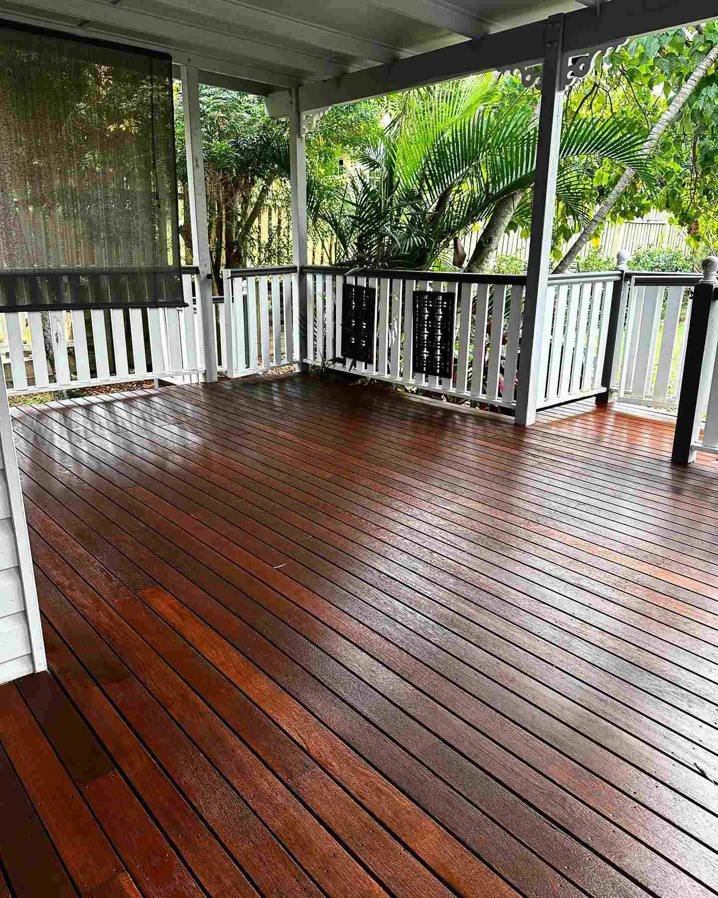 Dark oiled timber verandah with white and black balustrade among palms